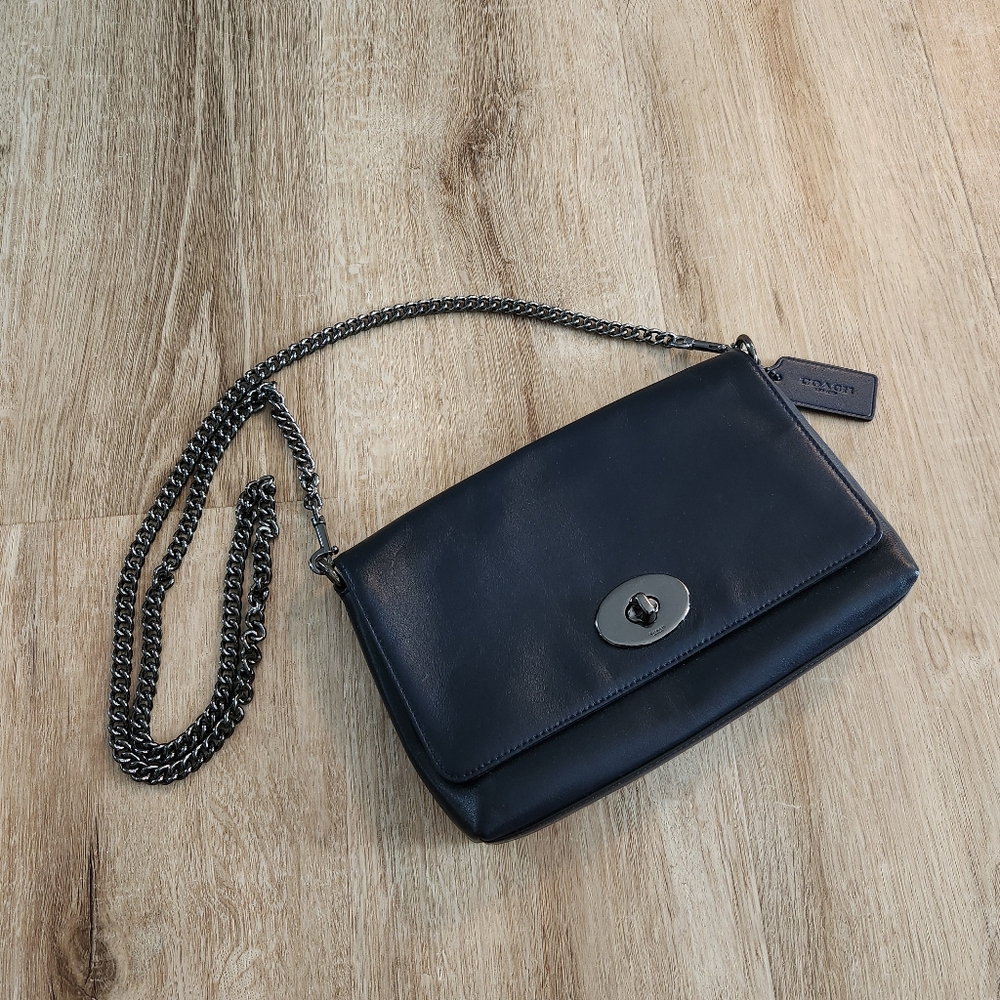 Coach Navy Blue Smooth Leather Crosstown Clutch Chain Crossbody Purse - Picture 2 of 8